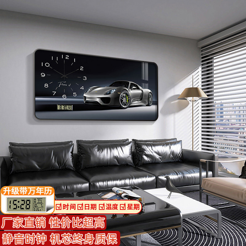 现代简约跑车餐厅装饰画带钟表挂钟客厅壁画时尚万年历电子钟挂画