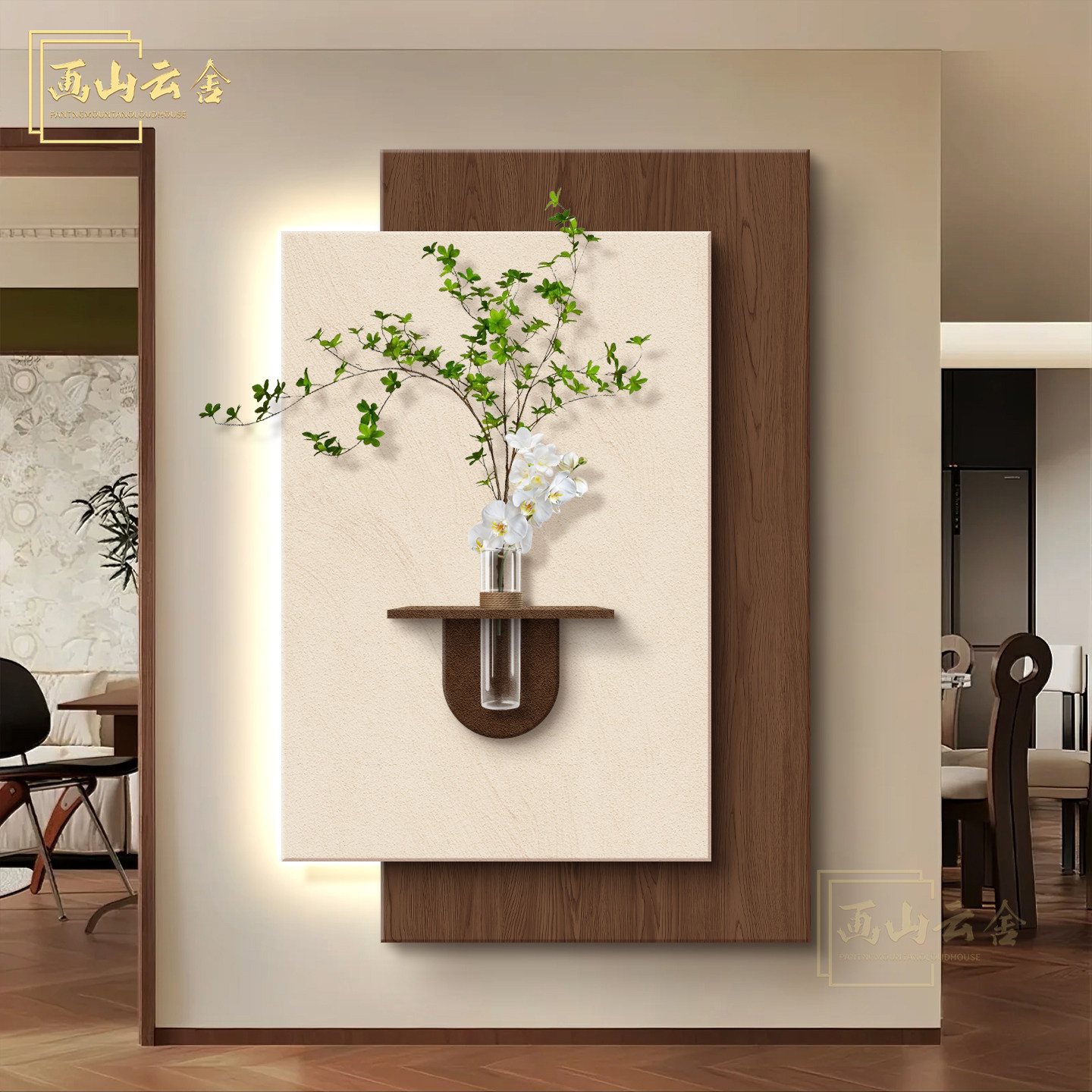 中古风高级感玄关装饰画双层砂岩带灯发光壁画走廊过道入户门挂画图片