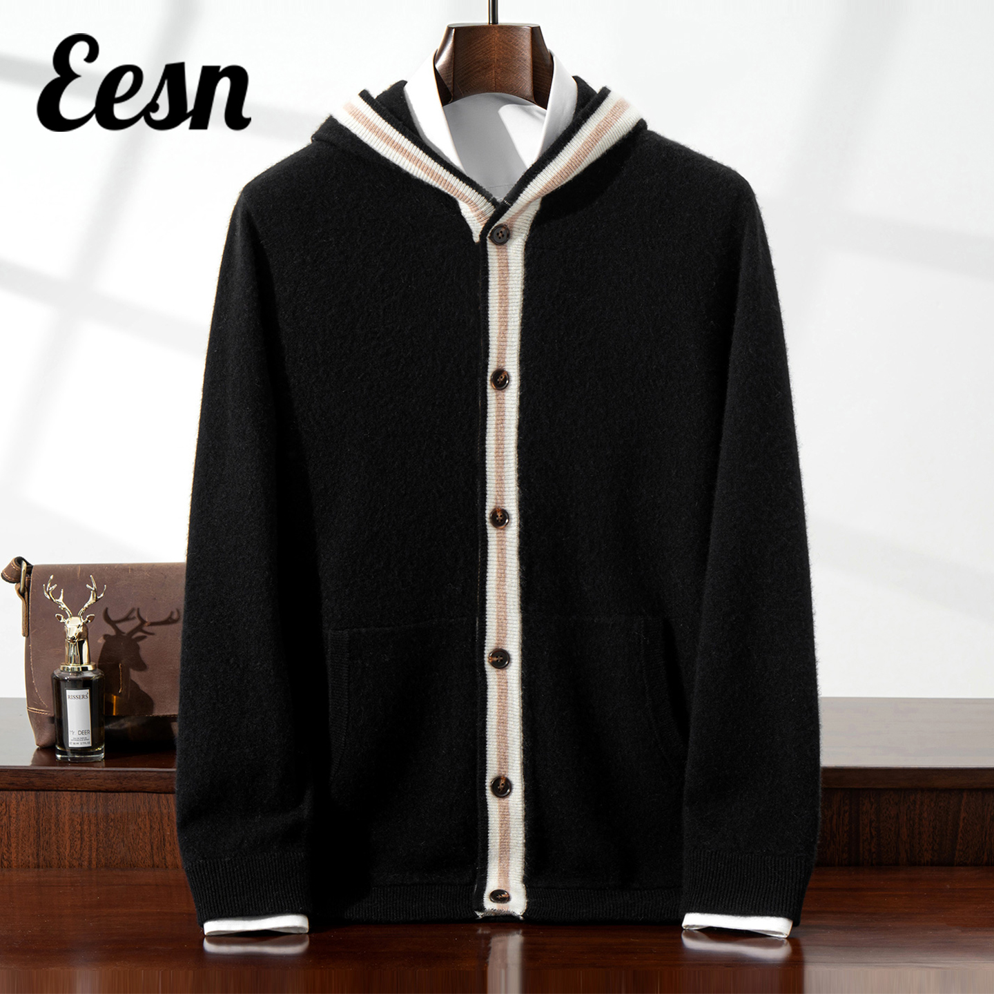 高质感时尚高端连帽山羊绒开衫男