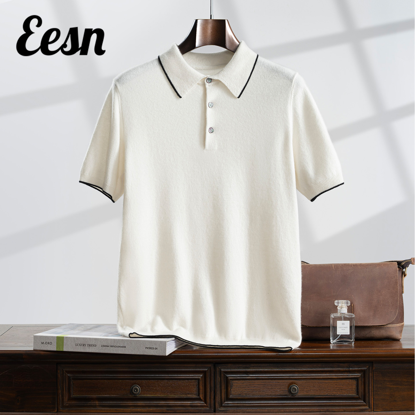 男士POLO翻领撞色短袖羊绒衫上衣