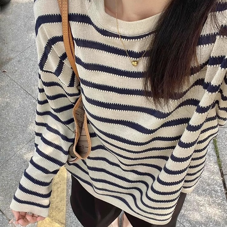 韩系黑白条纹长袖防晒t恤空调衫女夏季吊带外搭慵懒风罩衫上衣薄