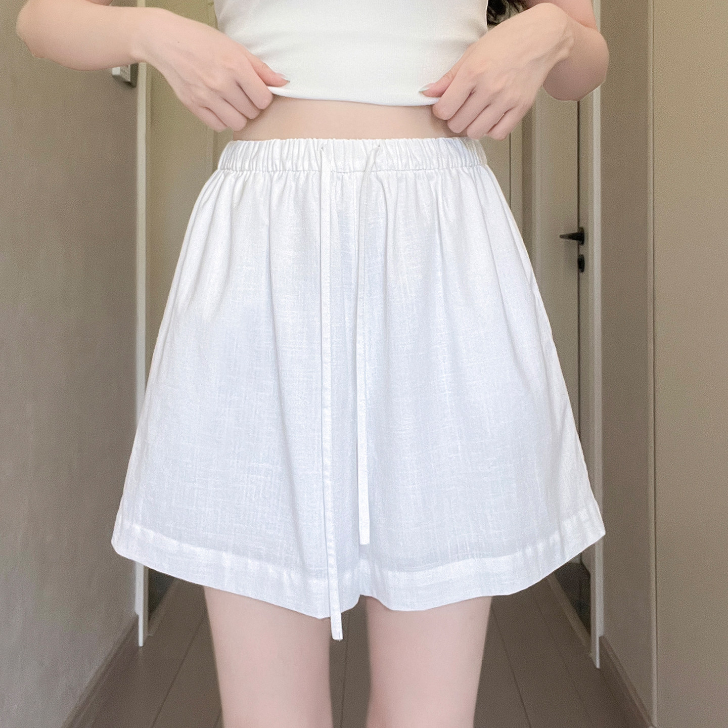 白色棉麻短裤女夏薄款外穿高腰宽松显瘦小个子运动休闲阔腿五分裤