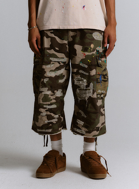 Brokenonyx 拼接山地迷彩军布boro七分裤宽松乱线补丁廓形破洞裤