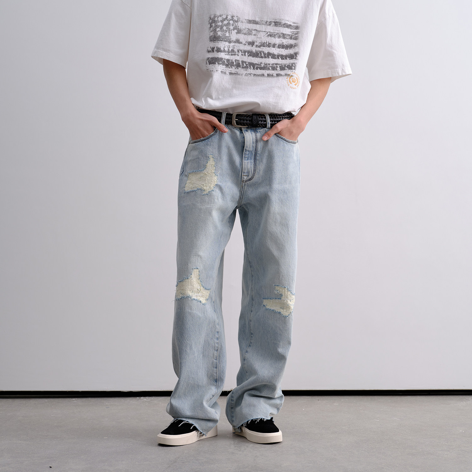 Brokenonyx 美国康龙CONE冰蓝水洗破洞补丁牛仔裤