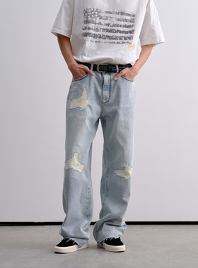 Brokenonyx 美国康龙CONE冰蓝水洗破洞补丁牛仔裤