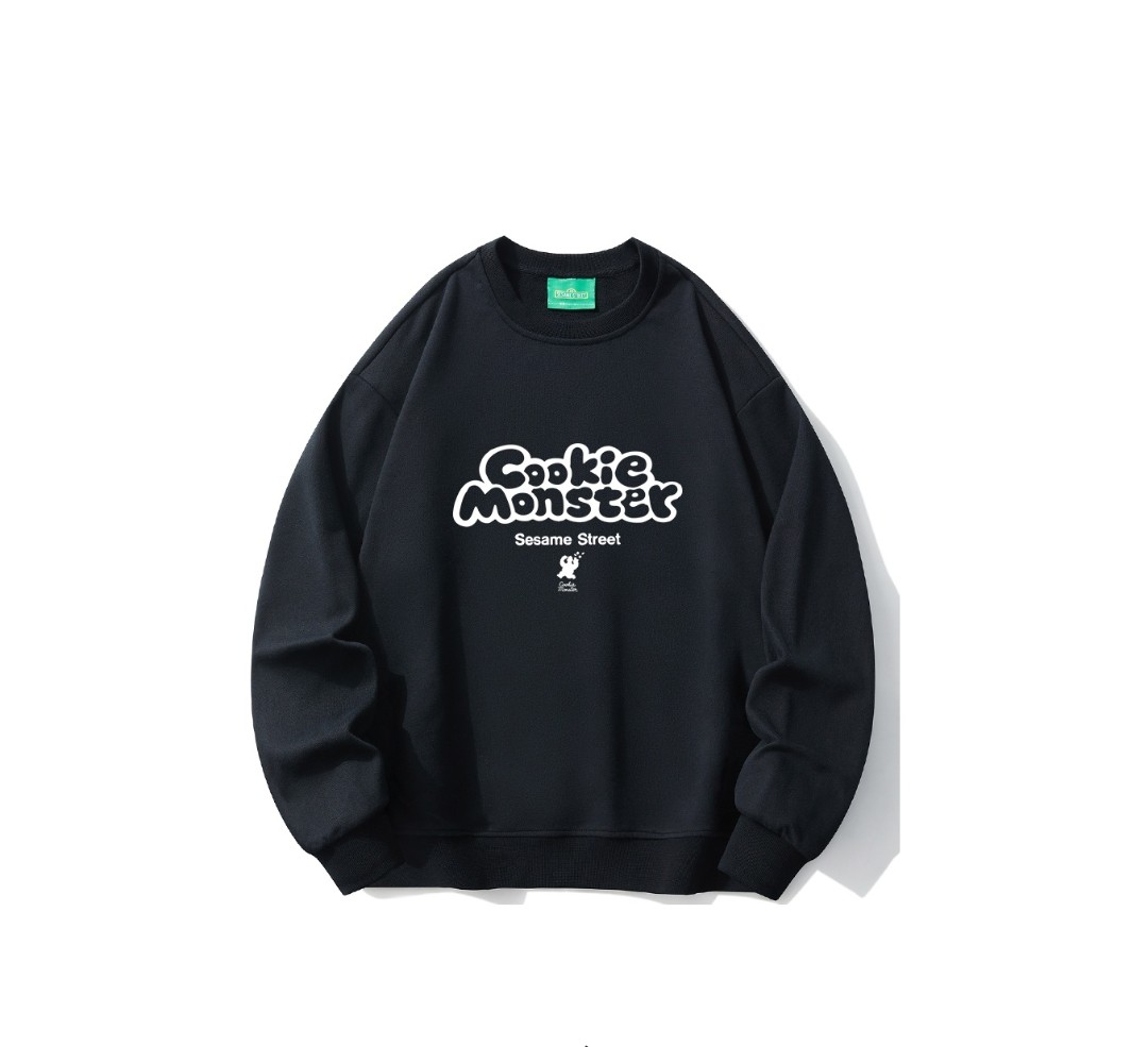 sesame street芝麻街纯色复古卡通趣味logo印花圆领卫衣 男女同款
