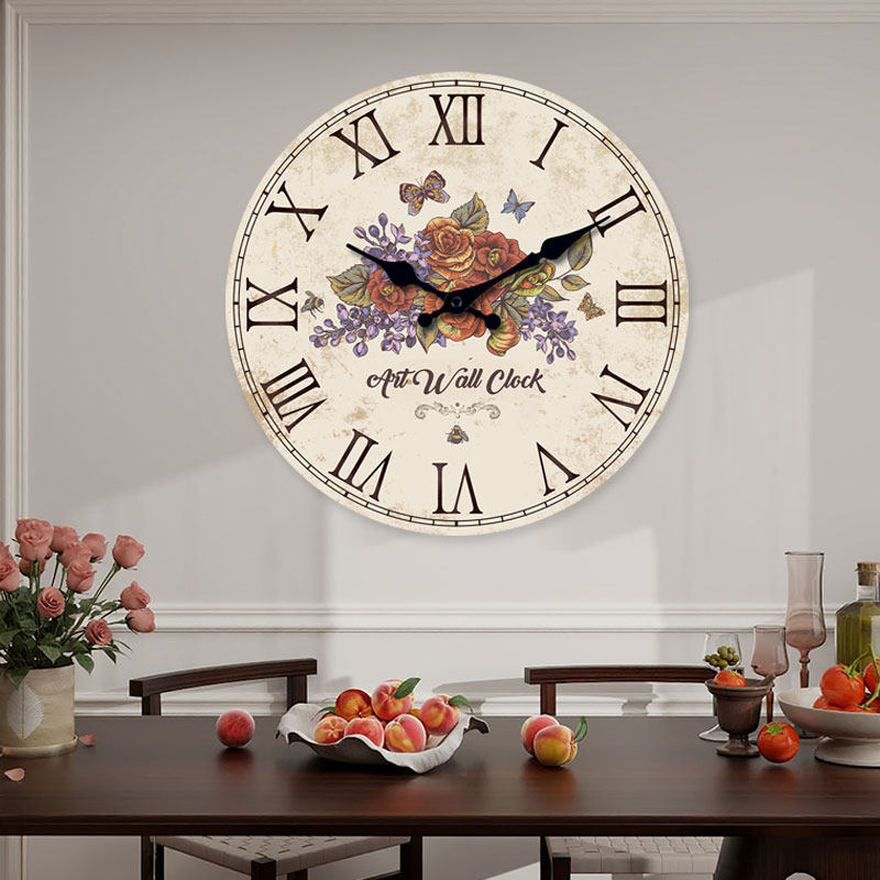 法式复古挂钟客厅装饰创意时钟做旧田园风玫瑰花设计时尚石英钟表