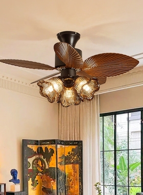 美式复古卧室风扇灯南洋风房间一灯casa体吸顶吊扇灯智能中古餐厅