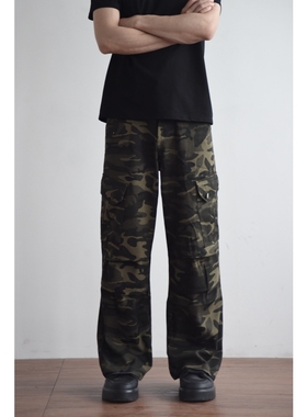 HFB【小个子定制裤长版】美式高街迷彩裤微喇直筒牛仔裤长裤C760