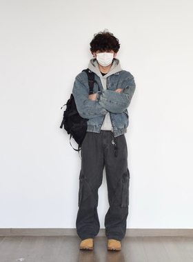 HFB【小个子衣长】冬季美式短款水洗做旧牛仔夹克棉服外套男N1711