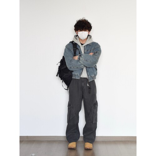 HFB短款做旧牛仔夹克棉服外套男