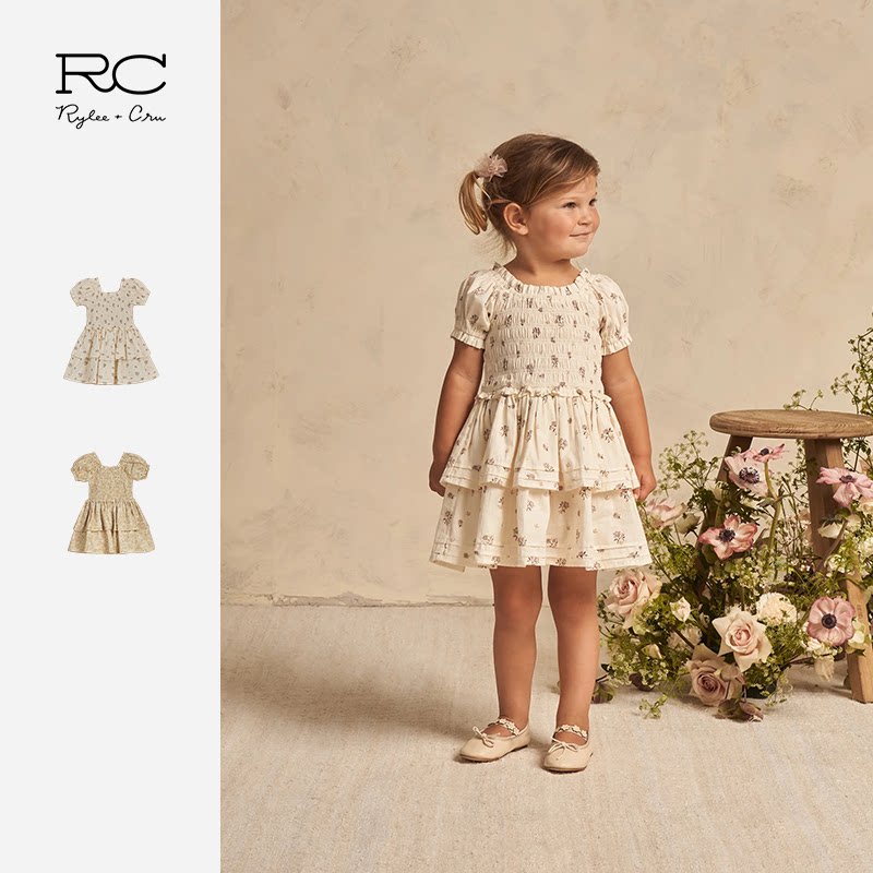 RyleeCru女童连衣裙裙子RC长裙女孩裙子印花黄玫瑰田园风夏款
