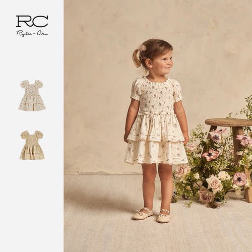 RyleeCru女童连衣裙裙子RC长裙女孩裙子印花黄玫瑰田园风夏款