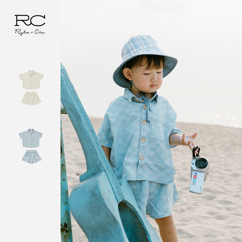 RyleeCru儿童短袖短裤套装蓝格白格男童女童春夏款（博主同款）