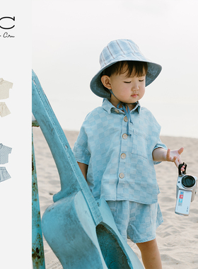 RyleeCru儿童短袖短裤套装蓝格白格男童女童春夏款（博主同款）