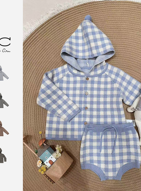 RC童装RyleeCru男女童格纹精灵帽毛衣针织外套春秋款上装新年红