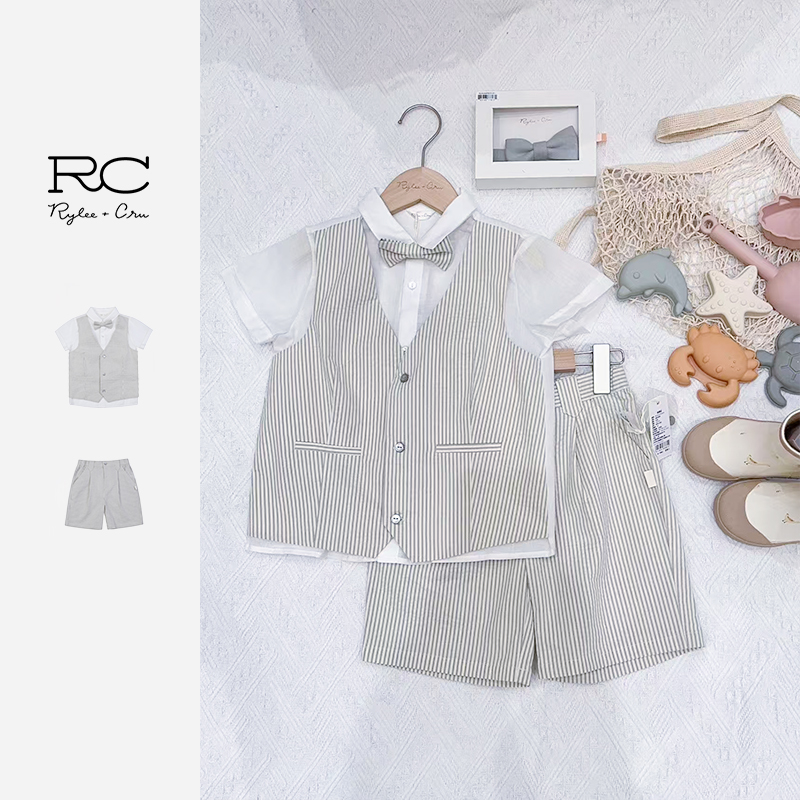 Ryleecru商场同款男童条纹短袖衬衫25夏新款儿童休闲帅气衬衫礼服