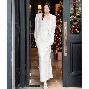 blingbling亮闪闪珠片细肩吊带长裙女松弛感白色透明party晚礼服