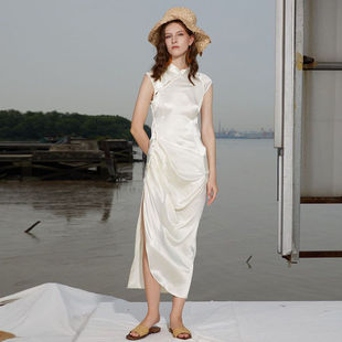 RIMLESS无边 原创设计白色新中式斜襟改良旗袍高级感连衣裙夏季