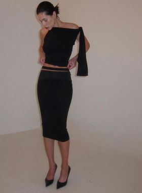 斜肩绑带骨白色上衣 kylie同款黑色修身显瘦上衣背心套装