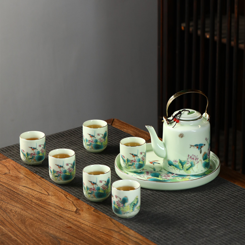 景德镇陶瓷功夫茶具套组高档手绘描金大号提梁茶壶茶杯茶盘礼盒装