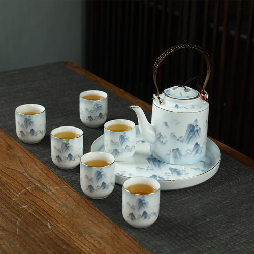 景德镇功夫茶具套组大容量陶瓷描金提梁壶茶杯茶杯茶盘整套礼盒装