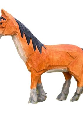 木制艺品木雕长颈鹿摆棕马摆件件面摆工马鹿件礼桌品