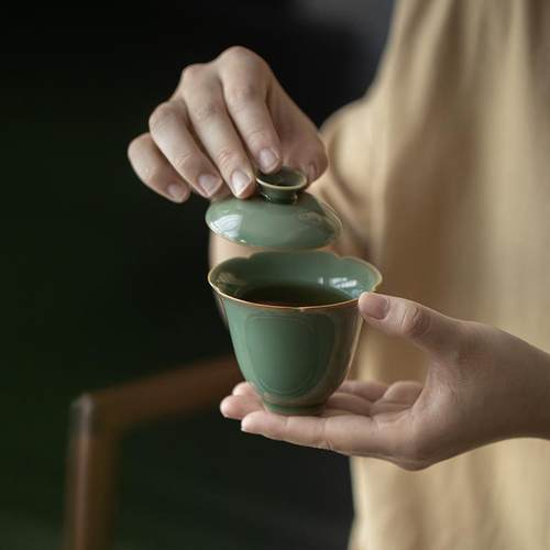 耀州窑花口盖碗越窑青瓷高款聚香泡茶碗花边陶瓷茶具茶碗