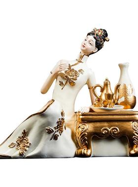 轻奢高档仕女摆件古代人物新中式国风艺术装饰品复古客厅玄关摆设