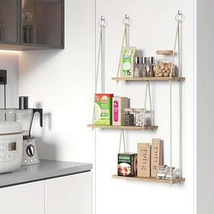 木制墙壁装 卧室书房客厅置物架吊绳 饰植物架浮动架新波西米亚风格