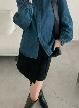 馨菲春早春上新设计感花边领设计单排扣宽松灯笼袖衬衫YS8-97631