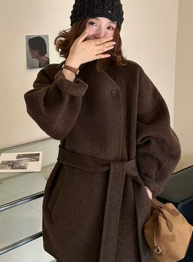 馨菲新立领系带大衣韩版毛呢羊毛外套(配腰带)（含100羊毛）18270