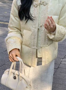 馨菲家中式盘扣设计感时尚拼接真水貂毛气质保暖羽绒服外套95261