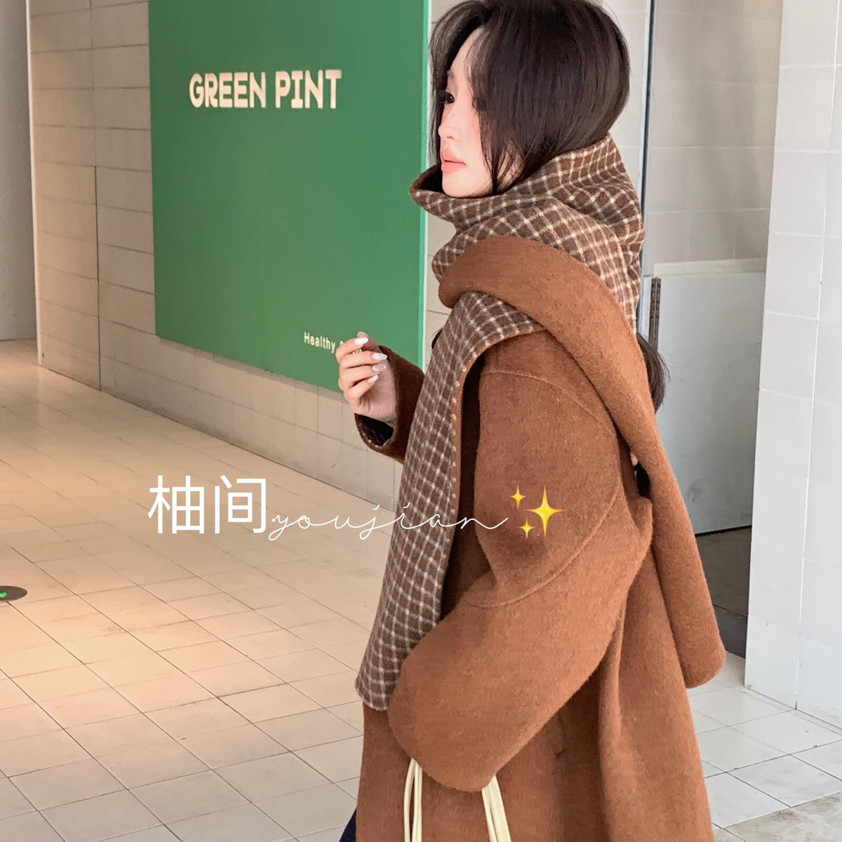 馨菲AB面格子围巾羊毛外套(配围巾)（含100羊毛）YS1-1120