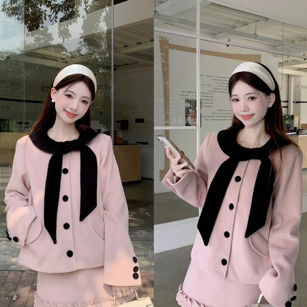 馨菲结毛呢短外套+木耳边高腰显瘦a字套装820-05,女装/女士精品,时尚套装,淘宝优惠券,粉丝福利购,淘宝优惠卷