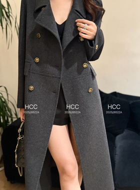 馨菲上新赫本风双排扣翻领修身长款羊毛外套（含80.3绵羊毛）21-6