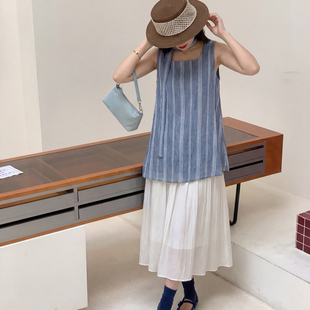 帽子 馨菲蓝白竖条纹宽松长款 5264 不含包包 配飘带 无袖 连衣裙