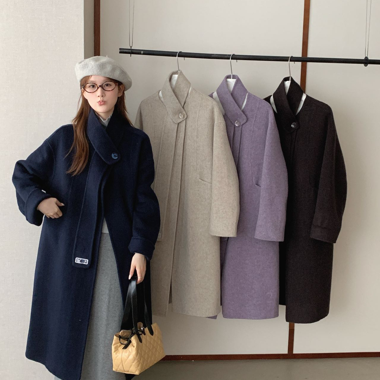 馨菲围巾中长款羊毛外套(配可拆卸飘带围巾)（含5.3羊驼毛）B796