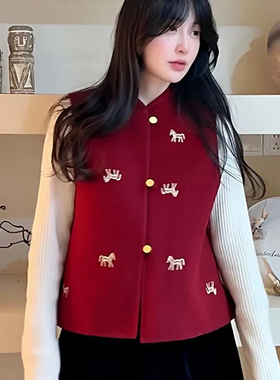 馨菲设计年过年战袍红色绣花双面呢马甲（含100绵羊毛）NMZ-C-152