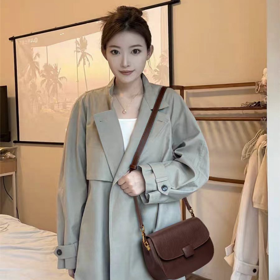 馨菲轻奢臻小号牛皮单肩斜挎包新款棕咖啡色妈妈包斜挎包A88367