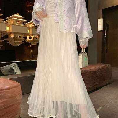 馨菲国风新中式-年早春小女人百搭松紧腰双层网纱半身裙91006