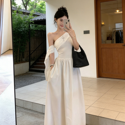 馨菲家设计款单肩斜肩赫本风连衣裙(不排单速发)GZXQ6687-5298