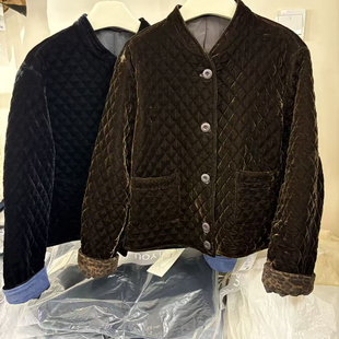 冬上新韩系高级金丝绒菱格衍缝短款薄棉衣可翻袖口复古短外套(263