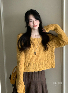 馨菲设计26年早春韩系温柔风气质简约短款镂空长袖针织衫F7421