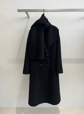 一善服饰冬上新韩系围巾大翻领双排扣黑色大衣女长款廓形双面呢外