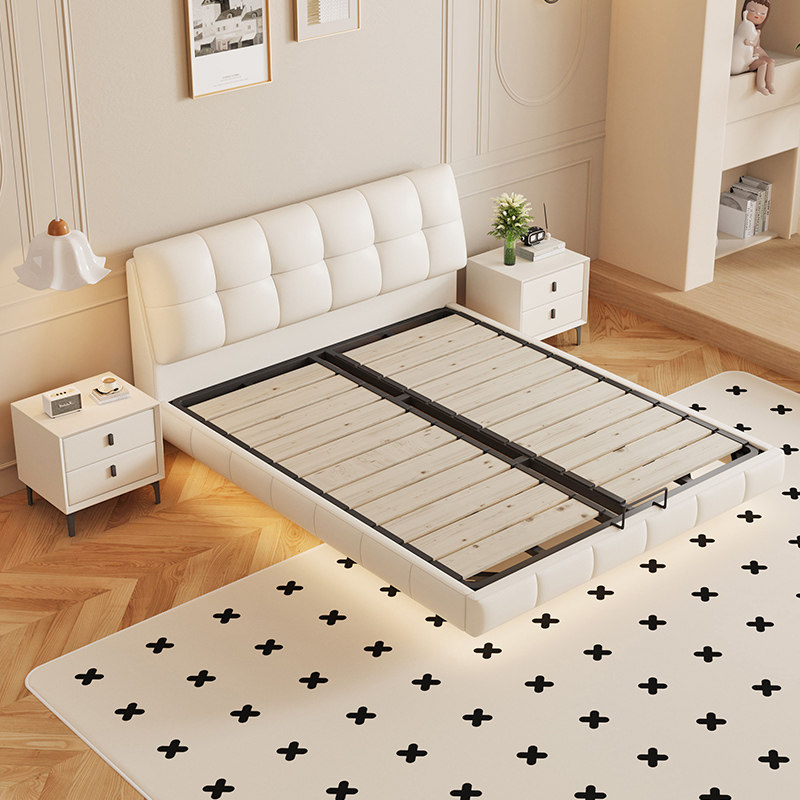 掌上明珠家具悬浮床泡芙真皮床实木床奶油风现代主卧床1.8米轻奢