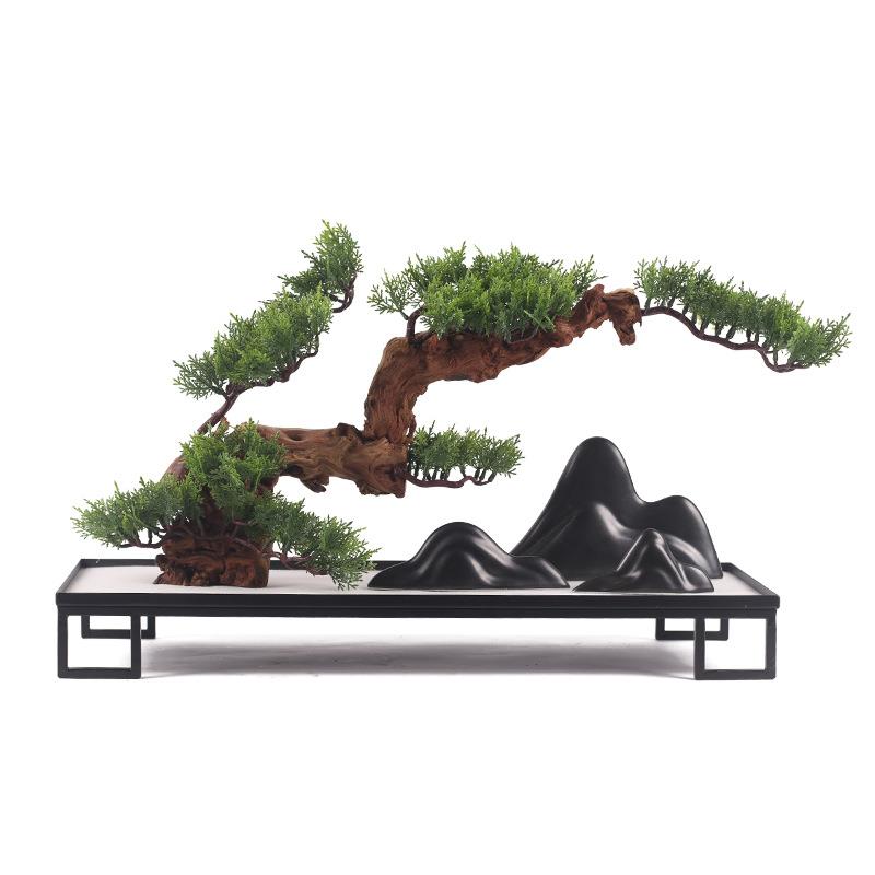 新中式仿真迎客松罗汉松柏树盆景软装样板房间山石玄关微景观摆件