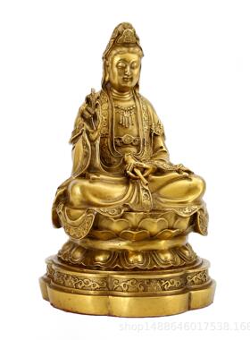 纯铜观音菩萨摆件大小号手拿柳枝观世音坐姿佛像家居金属工艺品