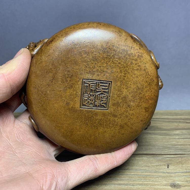 古玩老货纯铜笔洗摆件璃龙黄铜文房笔洗烟灰缸平底铜香炉佛具收藏