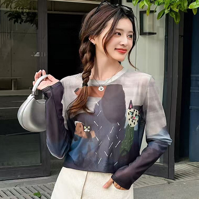 【涂鸦卡通艺术网纱长袖t恤女】新款美式复古扎染百搭防晒衫上衣